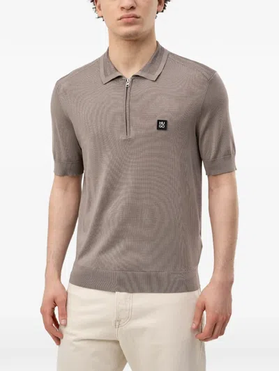 Hugo Boss Quarter-zip Logo-patch Polo In Brown