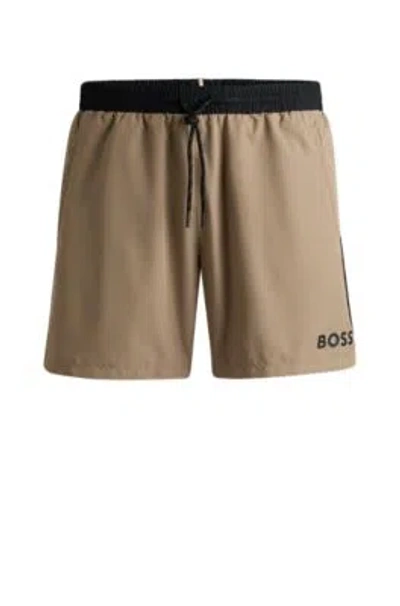 Hugo Boss Quick-dry Swim Shorts With Contrast Details In Khaki