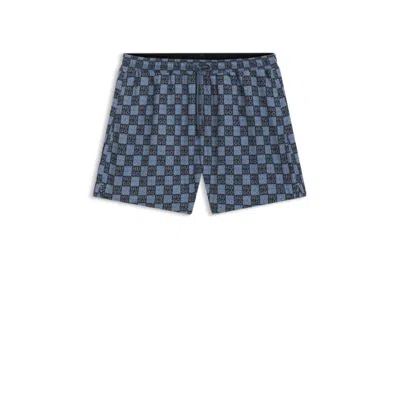 Hugo Boss Quick-dry Swim Shorts With Stacked-logo Check Print In Blue