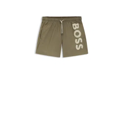 Hugo Boss Quick-drying Swim Shorts With Printed Logo In Brown