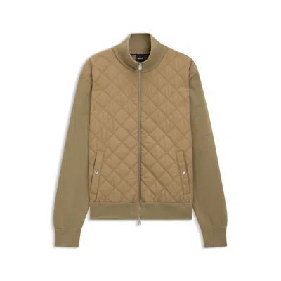 Hugo Boss Quilted-front Jacket In Knitted Wool In Brown