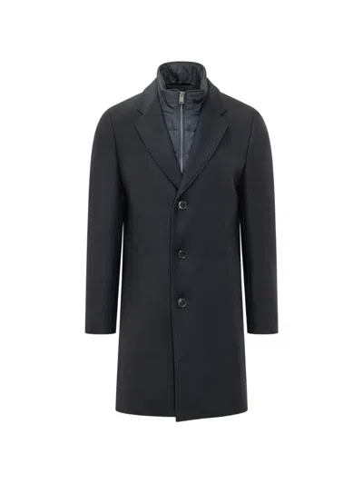 Hugo Boss Quilted-bib Wool-blend Coat In Black