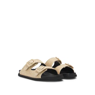 Hugo Boss Raffia Slides With Buckled Straps In Beige