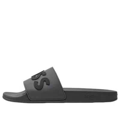 Hugo Boss Raised Italian Made Slides 'grey' In Black
