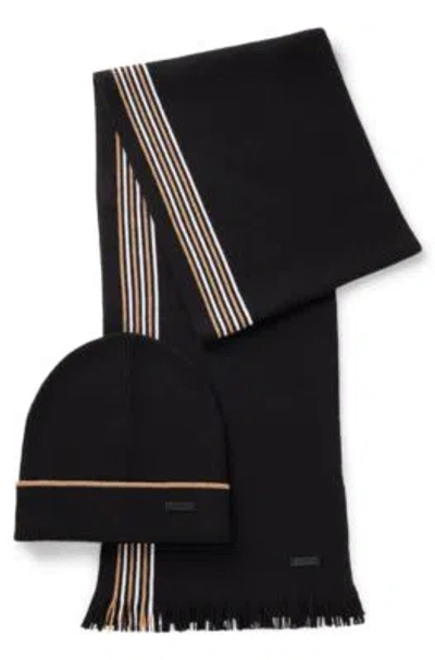 Hugo Boss Raschel-knit Scarf And Hat Set In Gift Box In Black