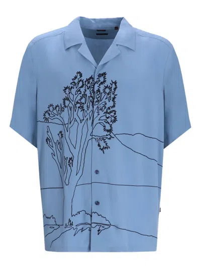 Hugo Boss Rayer Tree-illustration Short-sleeve Shirt In Blue
