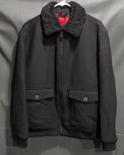 Pre-owned Hugo Boss Red Label Black Faux Shearling Collar Wool Blend Jacket Men Size Large
