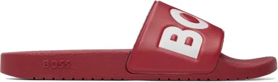 Hugo Boss Red Large Logo-detail Slides In Burgundy