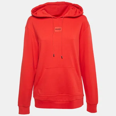 Hugo Boss Red Logo Applique Cotton Knit Hooded Sweatshirt