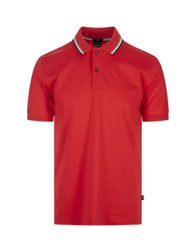 Hugo Boss Red Slim Fit Polo Shirt With Striped Collar