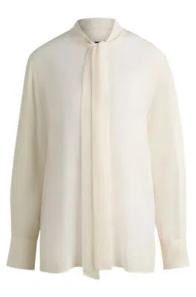 Hugo Boss Regular-fit Blouse In Silk With Bow-tie Collar In White