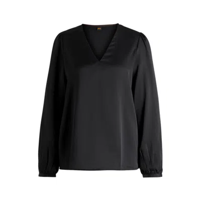 Hugo Boss Regular-fit Blouse With V Neckline In Hammered Satin In Black