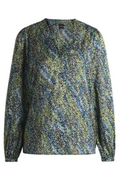 Hugo Boss Regular-fit Blouse With V Neckline In Printed Satin In Patterned