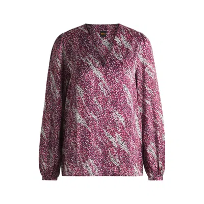 Hugo Boss Regular-fit Blouse With V Neckline In Printed Satin In Pink