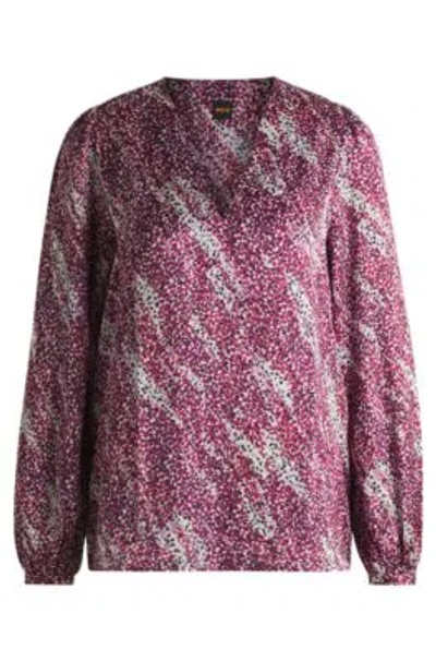 Hugo Boss Regular-fit Blouse With V Neckline In Printed Satin In Pink