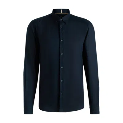 Hugo Boss Regular-fit Button-down Shirt In Linen In Black
