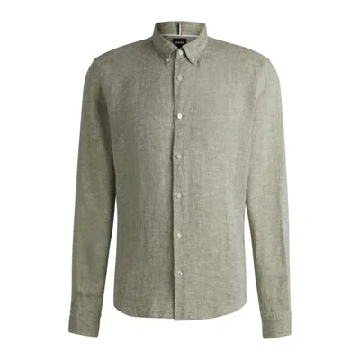 Hugo Boss Regular-fit Button-down Shirt In Linen In Green