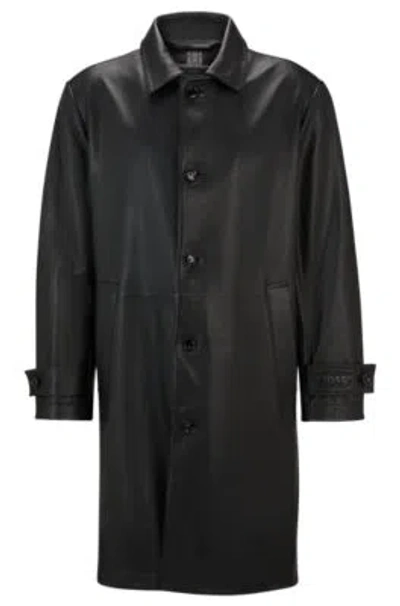 Hugo Boss Regular-fit Coat In Jersey-bonded Leather In Black
