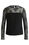 Hugo Boss Regular-fit Collarless Blouse With Lace Trim In Black
