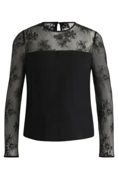Hugo Boss Regular-fit Collarless Blouse With Lace Trim In Black