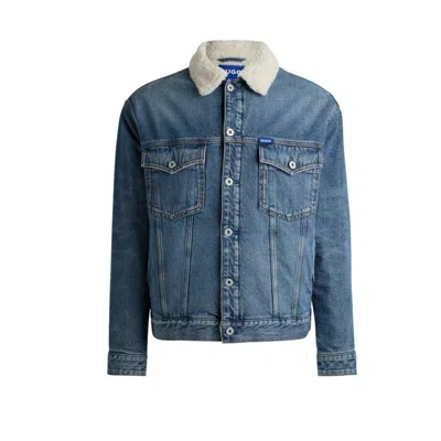 Hugo Boss Regular-fit Denim Jacket With Faux-fur Lining In Navy