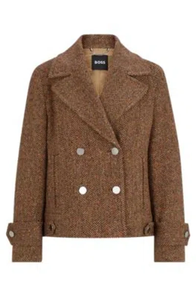 Hugo Boss Regular-fit Double-breasted Coat In Herringbone Tweed In Brown