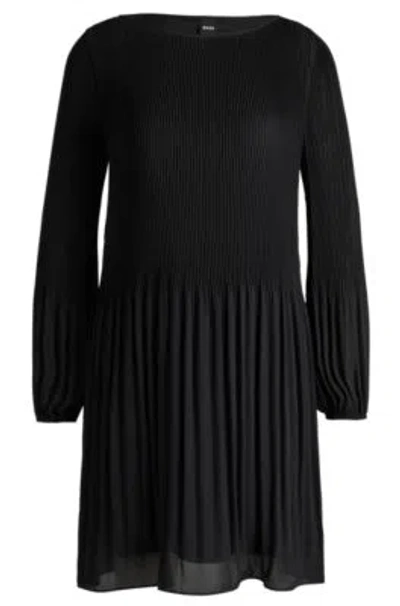 Hugo Boss Regular-fit Dress With Pliss Pleats And Crew Neckline In Black