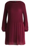 Hugo Boss Regular-fit Dress With Pliss Pleats And Crew Neckline In Dark Red