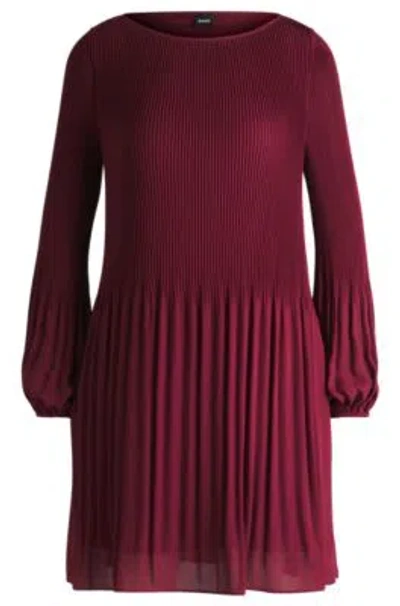 Hugo Boss Regular-fit Dress With Pliss Pleats And Crew Neckline In Dark Red