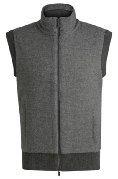 Hugo Boss Regular-fit Gilet With Brushed-flannel Front In Grey