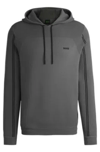 Hugo Boss Regular-fit Knitted Hoodie With Stripes And Branding In Light Grey