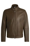 Hugo Boss Regular-fit Jacket In Grained Leather In Light Green