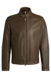 Hugo Boss Regular-fit Jacket In Grained Leather In Light Green