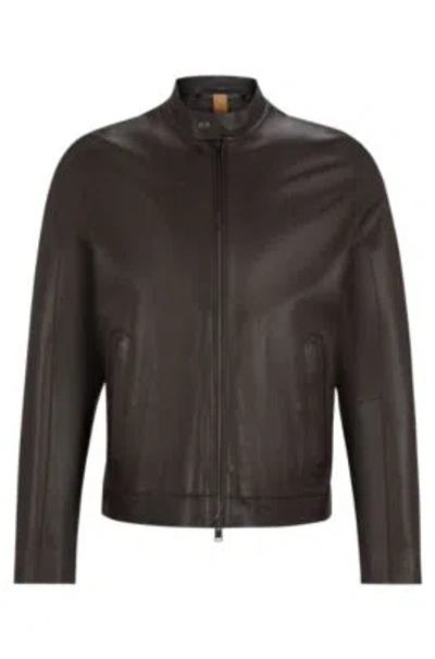 Hugo Boss Regular-fit Jacket In Jersey-bonded Leather In Dark Brown