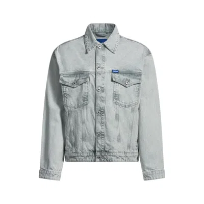 Hugo Boss Regular-fit Jacket In Light-gray Stonewashed Denim In Green
