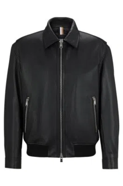 Hugo Boss Regular-fit Jacket In Soft Leather With Stand Collar In Black