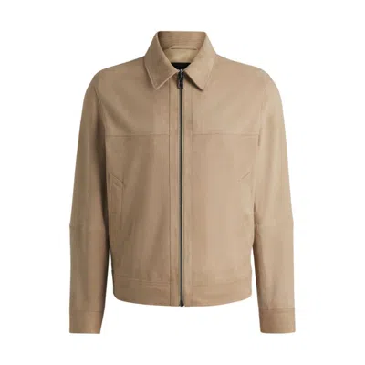Hugo Boss Regular-fit Jacket In Soft Suede With Zip Front In Brown