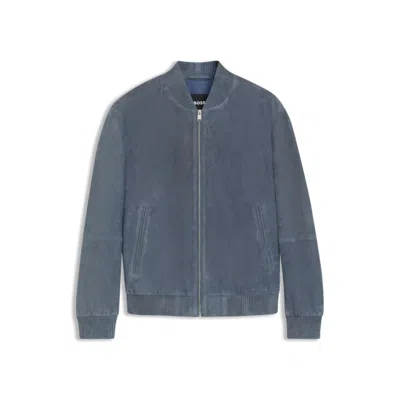 Hugo Boss Regular-fit Jacket In Suede In Blue