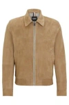 Hugo Boss Regular-fit Jacket In Suede With Two-way Zip In Khaki