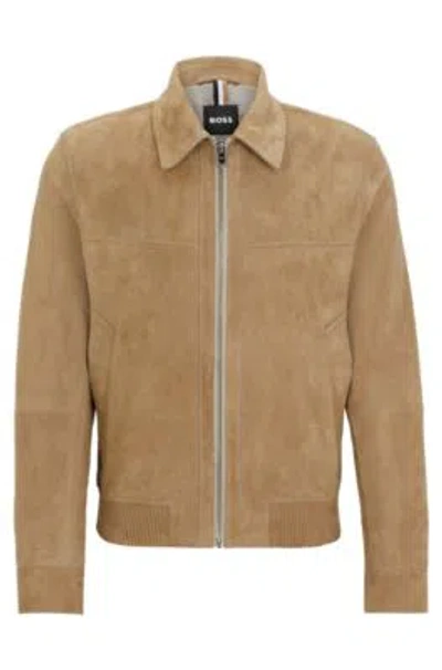 Hugo Boss Regular-fit Jacket In Suede With Two-way Zip In Khaki