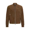 Hugo Boss Regular-fit Jacket With Ribbed Cuffs In Suede In Brown