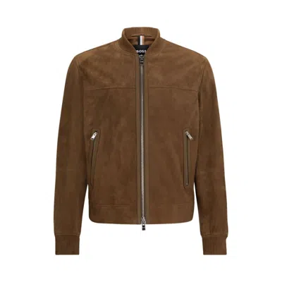 Hugo Boss Regular-fit Jacket With Ribbed Cuffs In Suede In Light Brown