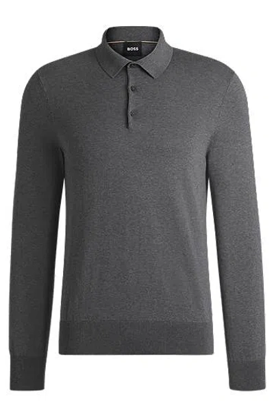 Hugo Boss Regular-fit Knit Polo Sweater In Cotton Jersey In Gray