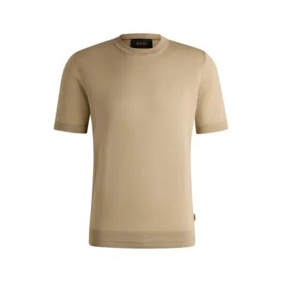 Hugo Boss Regular-fit Knit T-shirt In Silk And Cotton In Brown