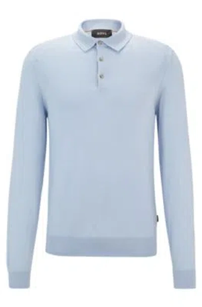 Hugo Boss Regular-fit Polo Sweater In Wool, Silk And Cashmere In Light Blue