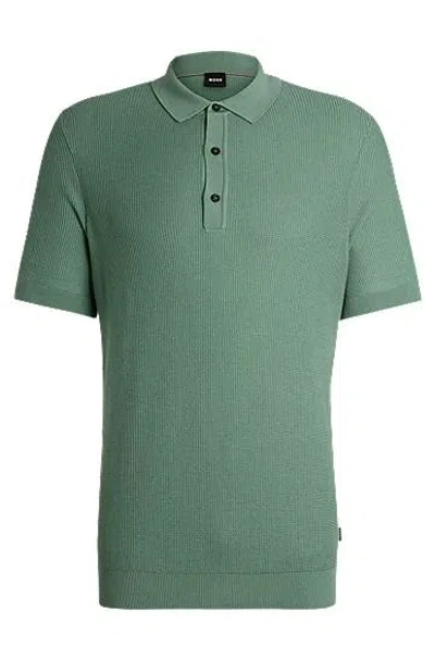 Hugo Boss Regular-fit Polo Sweater With Mixed Structures In Open Green