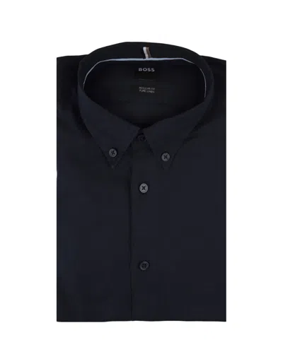 Hugo Boss Regular Fit Shirt In Blue Linen With Button-down Collar