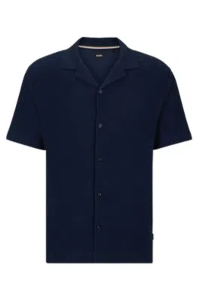 Hugo Boss Regular-fit Shirt In Cotton Boucl With Ribbed Collar In Dark Blue
