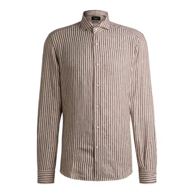 Hugo Boss Regular-fit Shirt In Striped Italian-made Linen In Brown