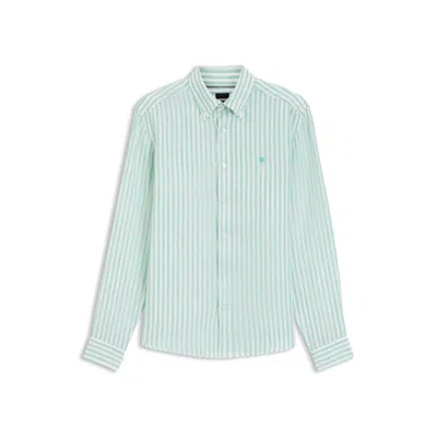 Hugo Boss Regular-fit Shirt In Striped Linen In Green